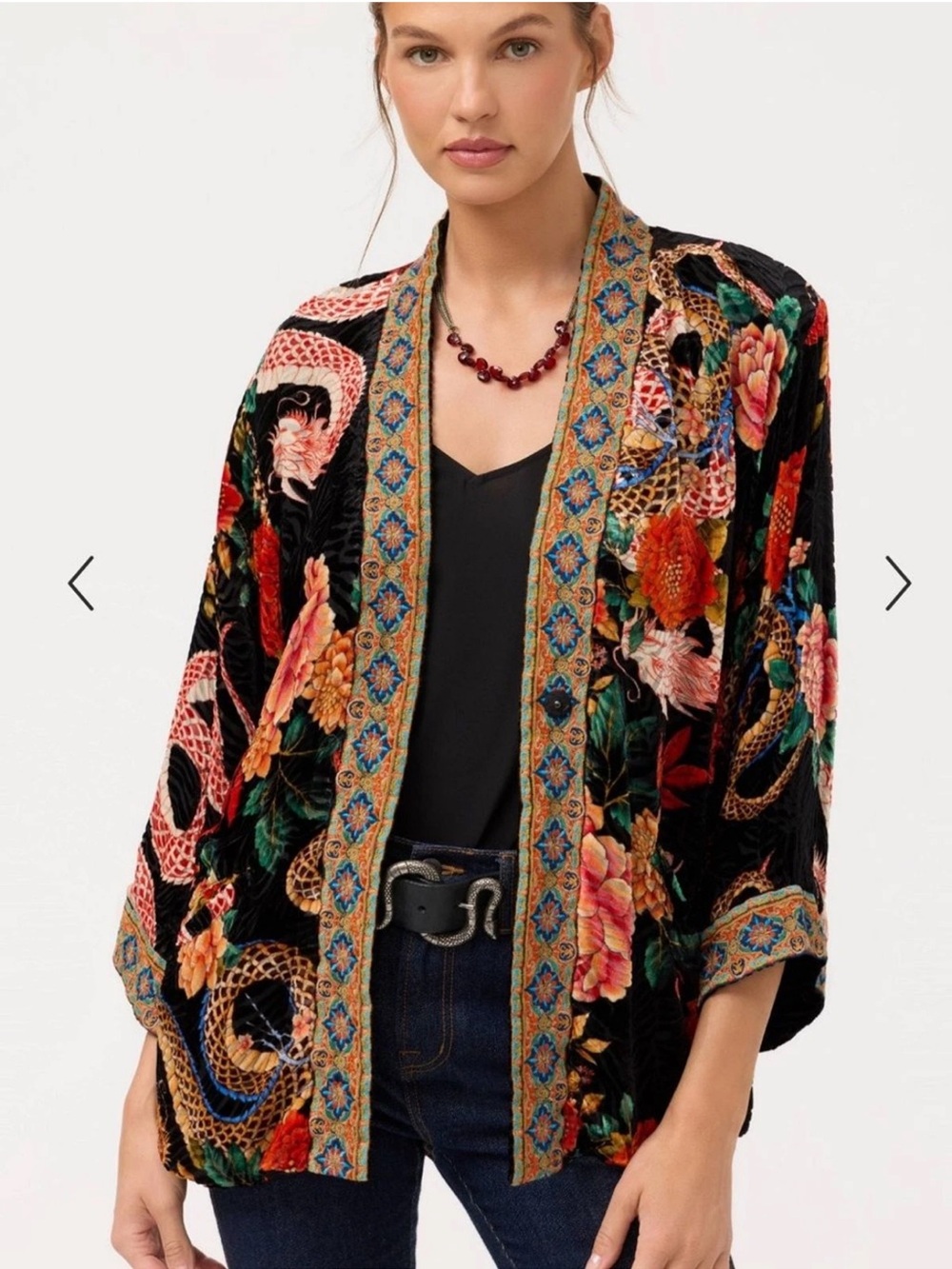 JOHNNY WAS Merhawi Reversible Print to Solid Burnout Velvet Kimono Jacket
NWT